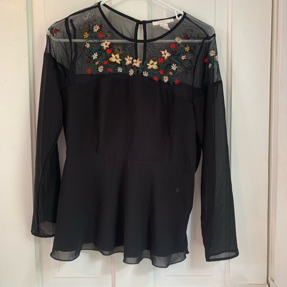 Forever 21 Black Floral Embroidered Blouse